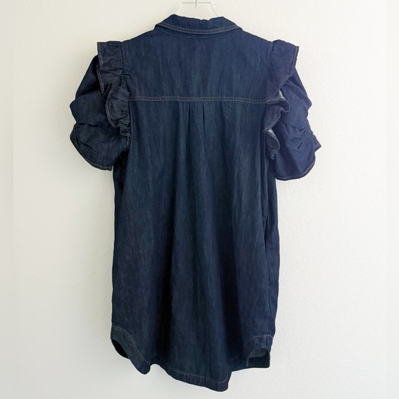 Anthropologie Pilcro Dark Denim Mini Shirt Dress with Puff Sleeves - Picture 3 of 7